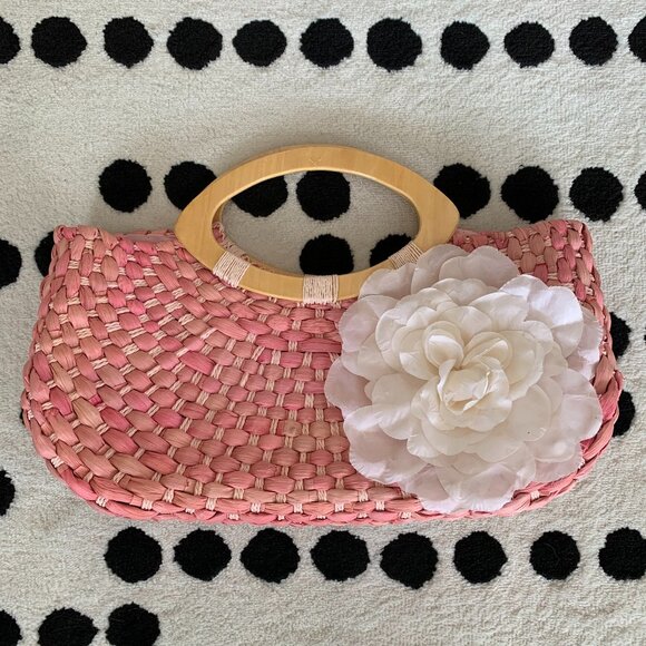 Vintage 80s 90s Wicker Straw Purse Handbag Clutch Pink Flower Wood Top Handle - Picture 1 of 11